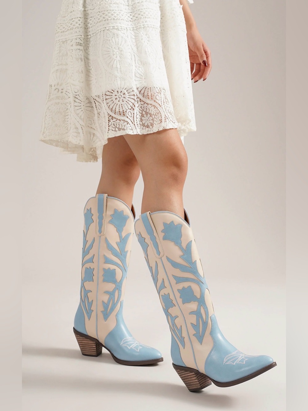 New in box BEAST FASHION Light Blue and Cream Western Knee-High Lace-Up Boots